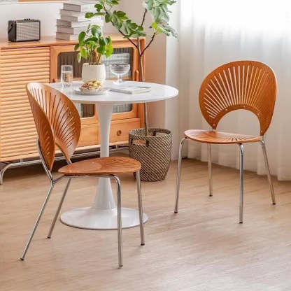 Nordic Shell Solid Wood Steel Dining Chair — White - Silver Legs