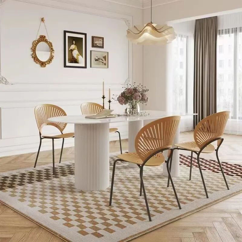 Nordic Shell Solid Wood Steel Dining Chair — Original Wood Color - Silver Legs