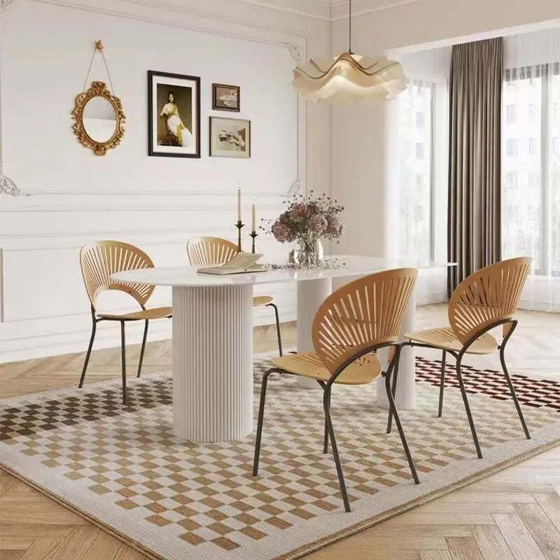 Nordic Shell Solid Wood Steel Dining Chair — Original Wood Color - Silver Legs