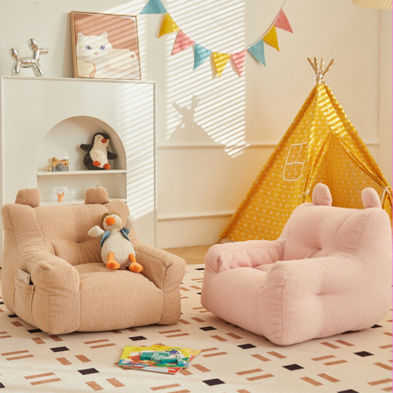 Kids Cute-Ear Lambswool Fabric EPS Sofa with Storage Pocket — Lambswool - Brown