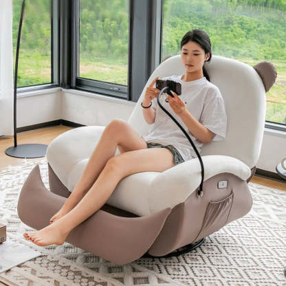 Nordic Bear Leather Dutch Fleece Rocking Chair — Motorized + USB / Leather - White