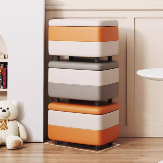 Modern Leather Wood Stackable Storage Footstool — Green + White