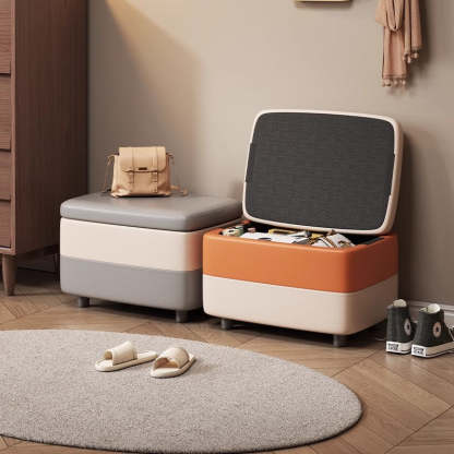 Modern Leather Wood Stackable Storage Footstool — Blue + White