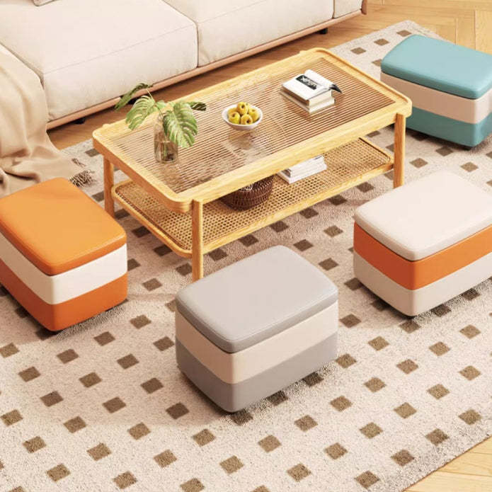 Modern Leather Wood Stackable Storage Footstool — Orange + White