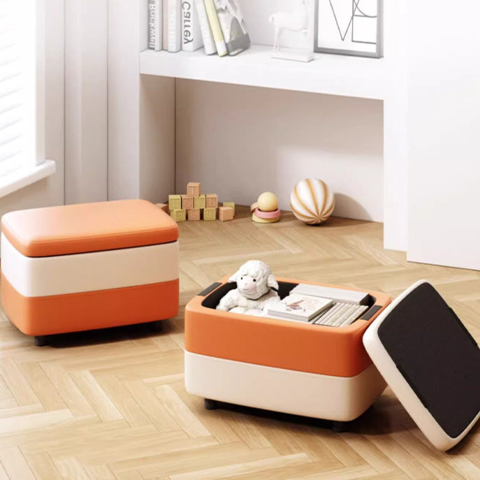 Modern Leather Wood Stackable Storage Footstool — Gray + White