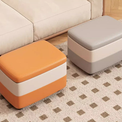 Modern Leather Wood Stackable Storage Footstool — White + Orange