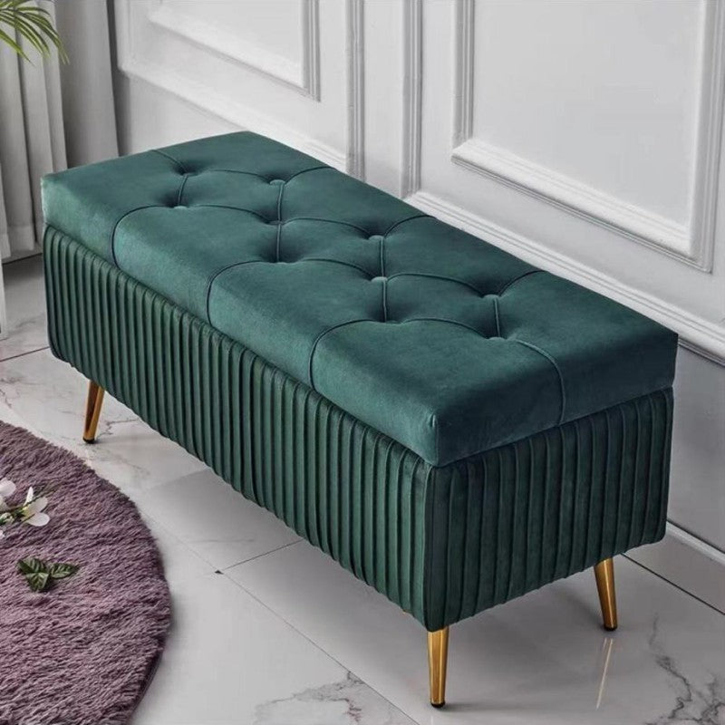 Modern Flannel Wood Striped Storage Bench — Pea Green