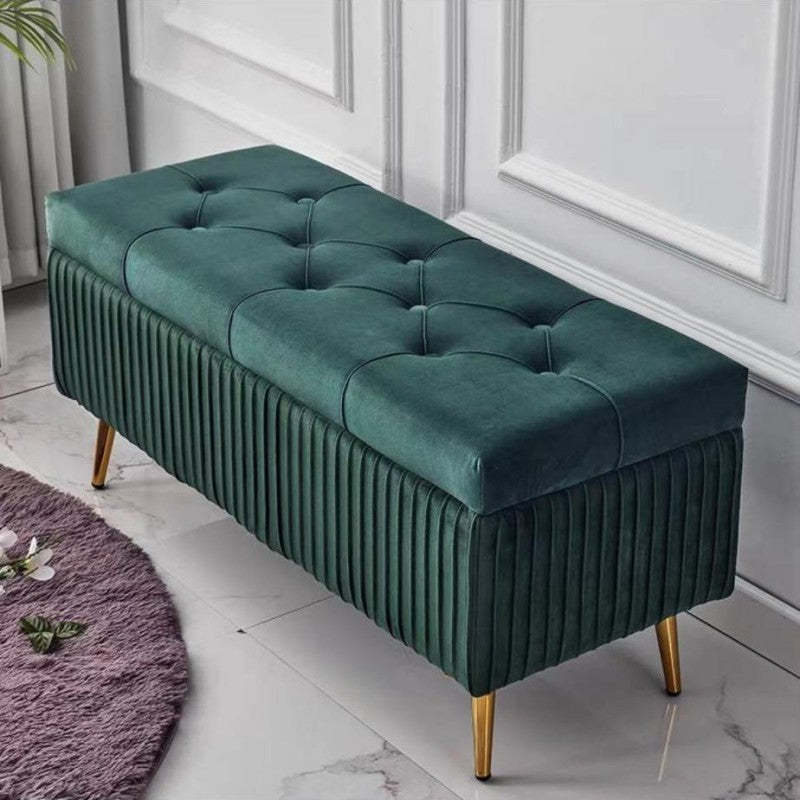 Modern Flannel Wood Striped Storage Bench — Pea Green