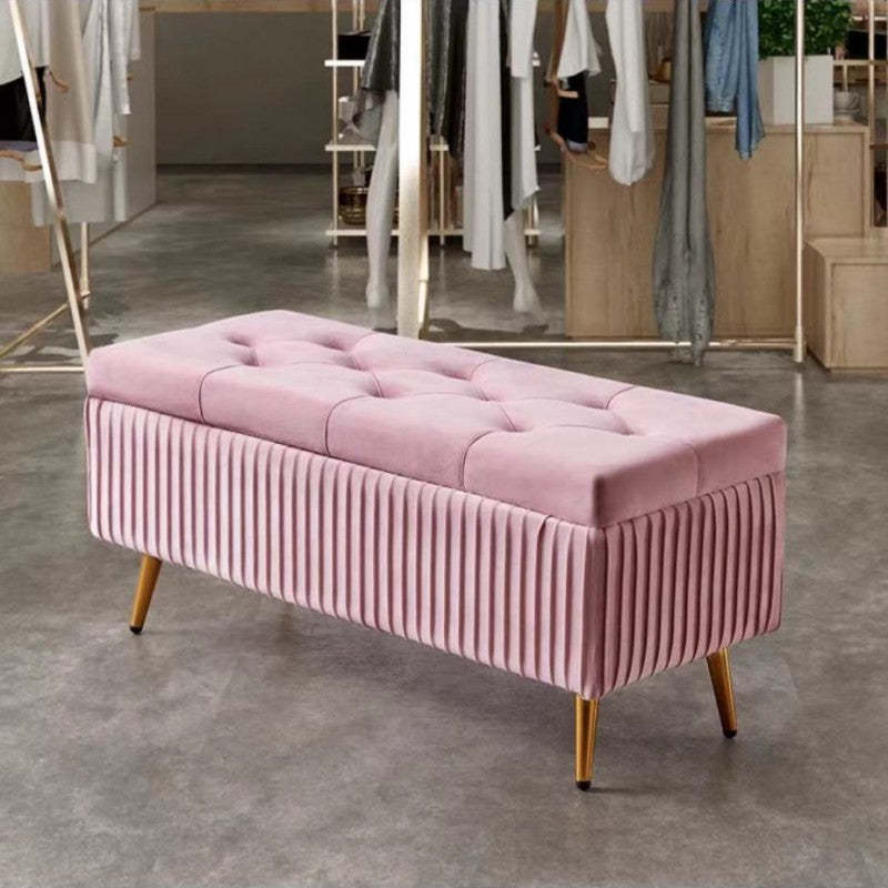 Modern Flannel Wood Striped Storage Bench — Beige