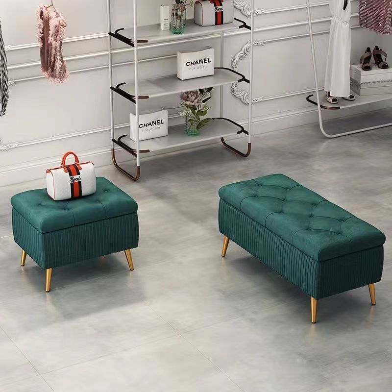 Modern Flannel Wood Striped Storage Bench — Dark Green