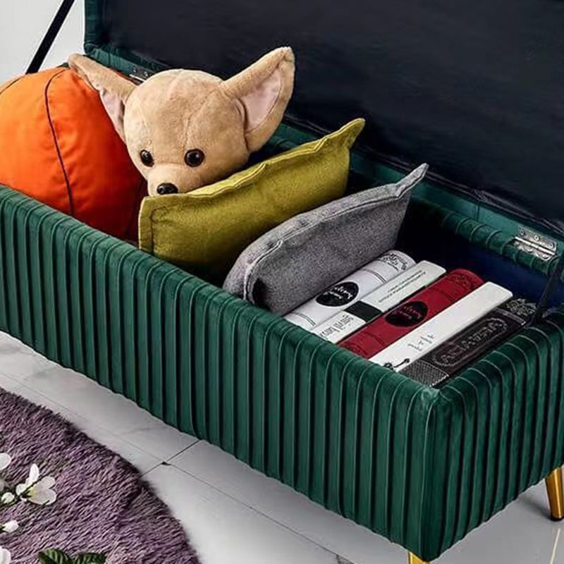 Modern Flannel Wood Striped Storage Bench — Pea Green