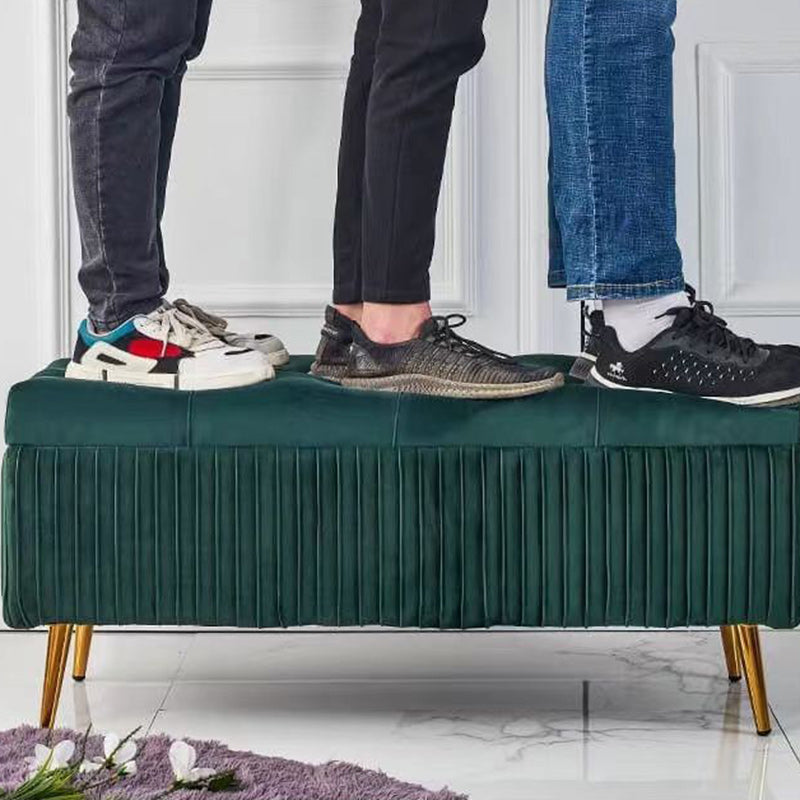Modern Flannel Wood Striped Storage Bench — Beige