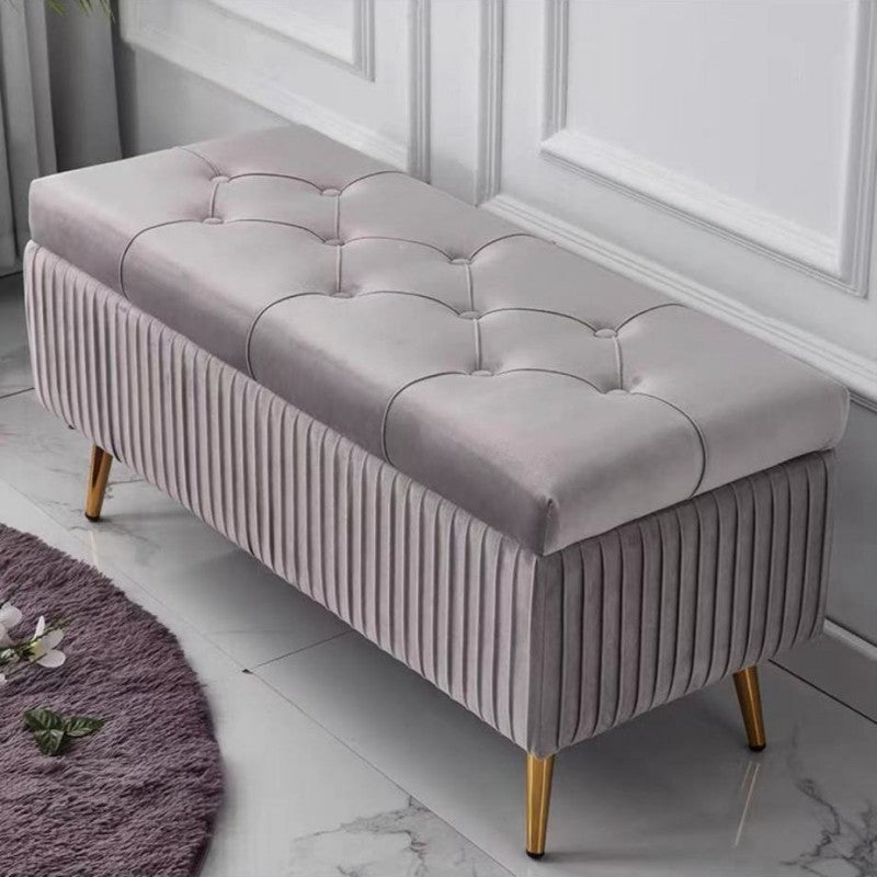 Modern Flannel Wood Striped Storage Bench — Light Brown