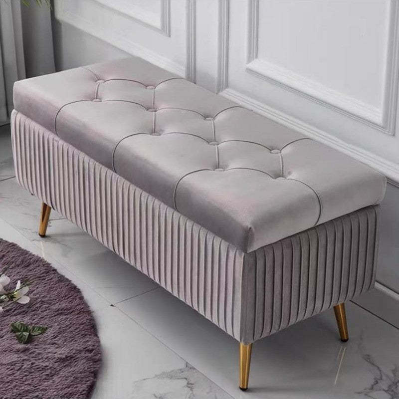 Modern Flannel Wood Striped Storage Bench — Light Brown