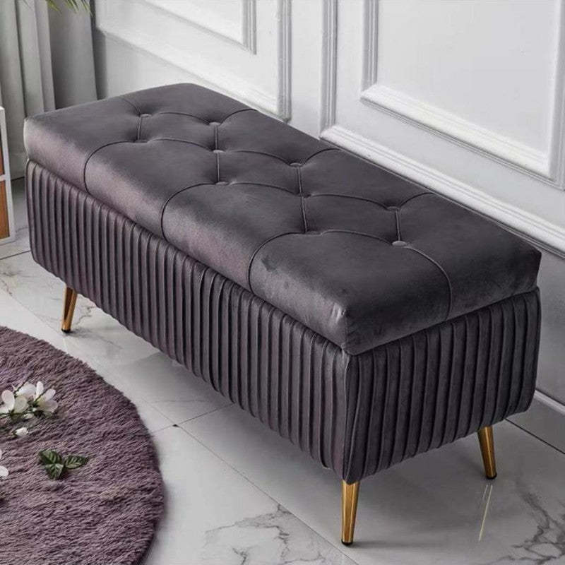 Modern Flannel Wood Striped Storage Bench — Dark Brown