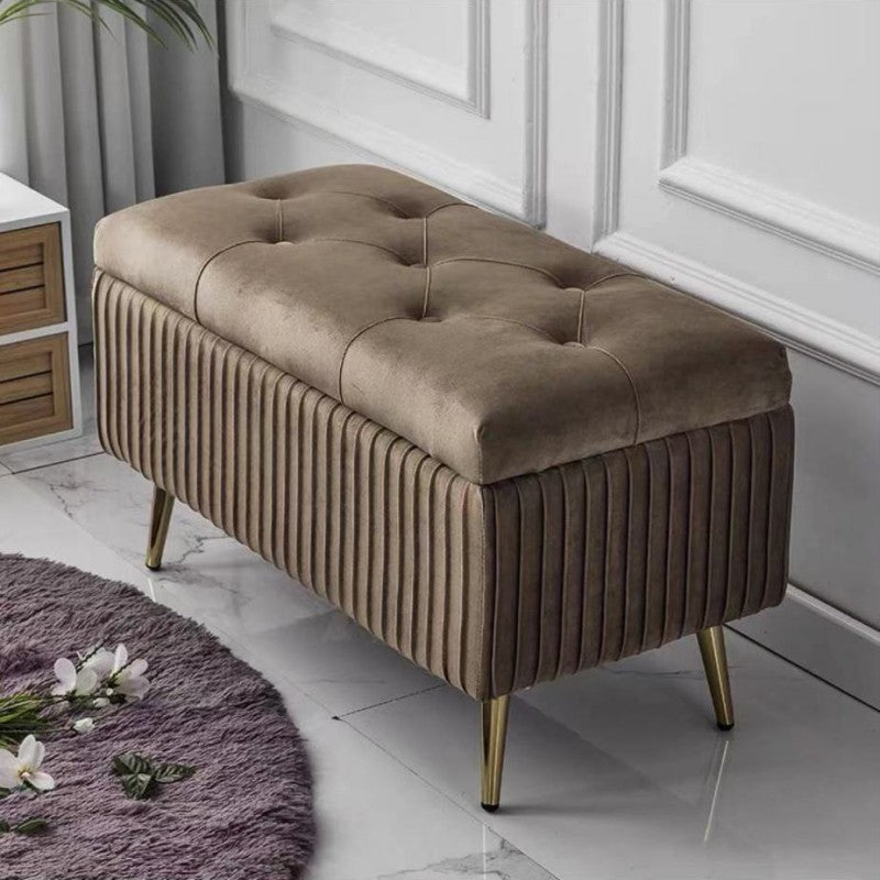Modern Flannel Wood Striped Storage Bench — Wine Red