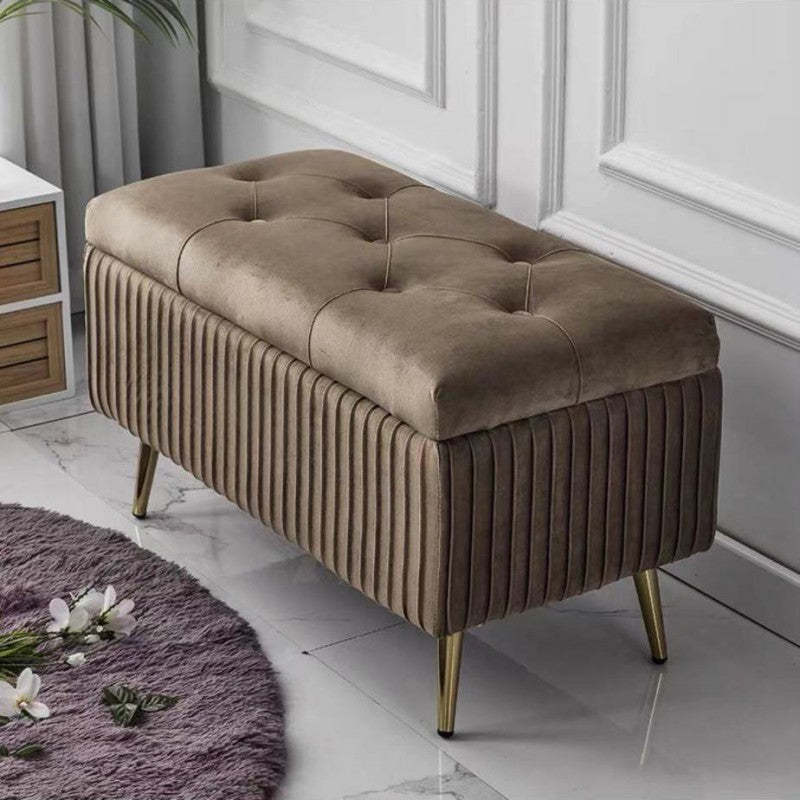 Modern Flannel Wood Striped Storage Bench — Wine Red