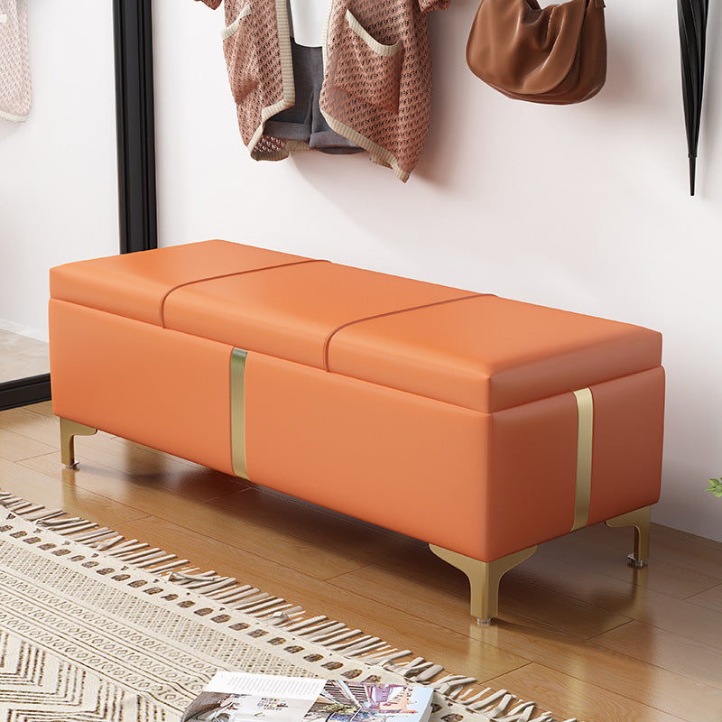 Scandinavian Leather Wood Titanium Backless Storage Bench — Dark Blue