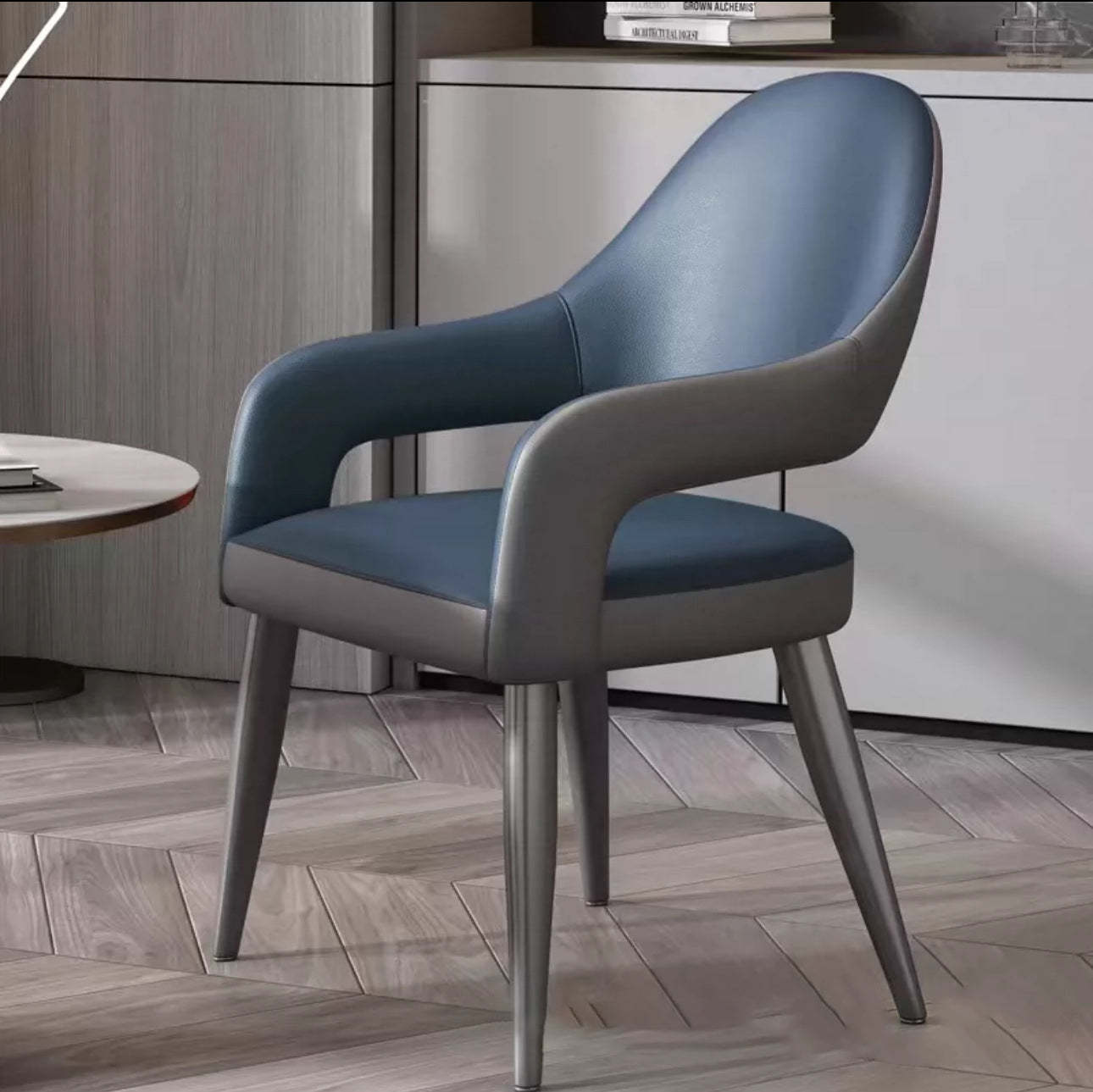 Minimalist elliptical gray dining chairs & benches