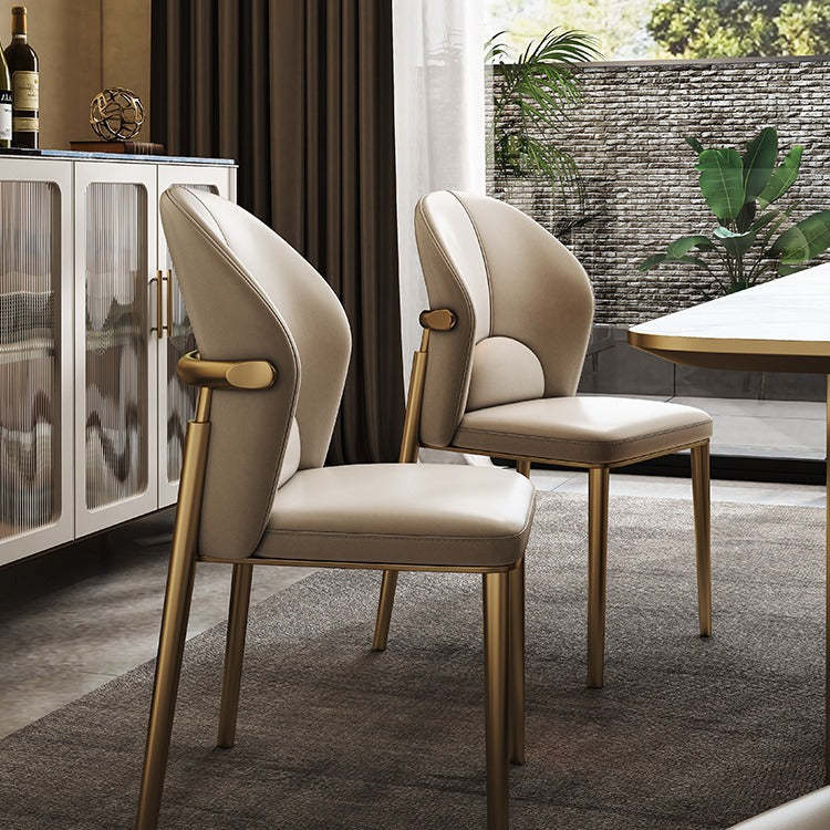 Scandinavian Cowhide Leather Curved Dining Chair — Thickened Microfiber Leather / Gold