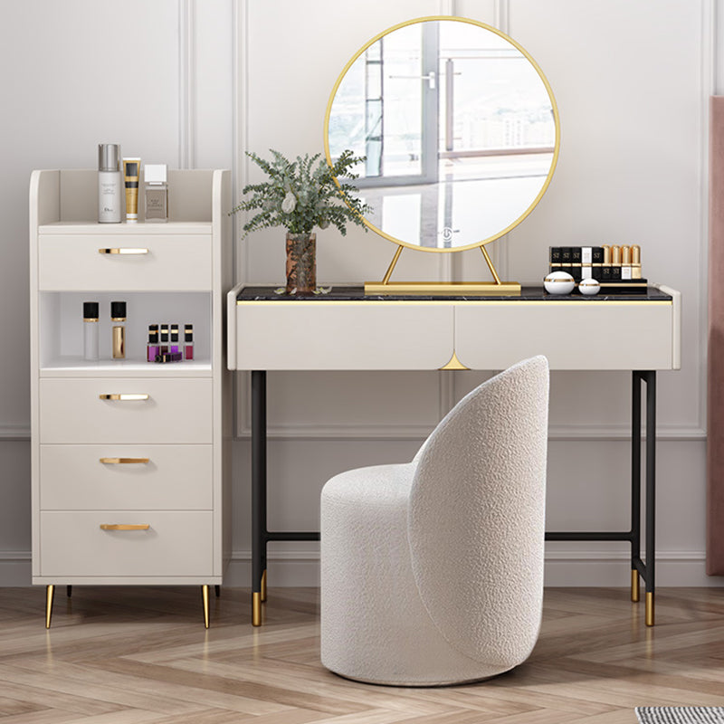 Modern Lambswool Leather Wood Swivel Vanity Stool with Back — Swivel / Lambswool - White