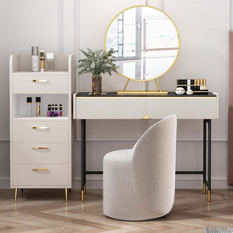 Modern Lambswool Leather Wood Swivel Vanity Stool with Back — Swivel / Lambswool - White