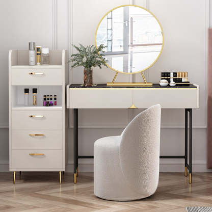 Modern Lambswool Leather Wood Swivel Vanity Stool with Back — Swivel / Lambswool - White