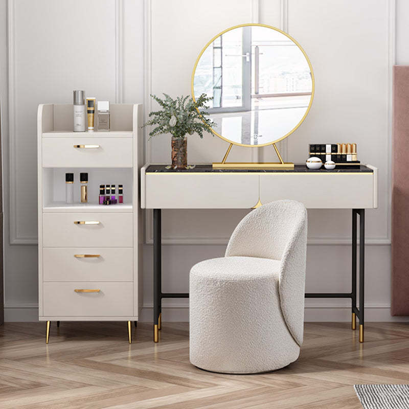 Modern Lambswool Leather Wood Swivel Vanity Stool with Back — Non-Swivel / Fleece - Khaki
