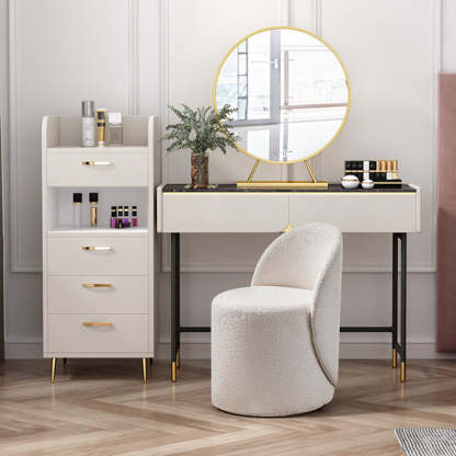 Modern Lambswool Leather Wood Swivel Vanity Stool with Back — Non-Swivel / Fleece - Khaki