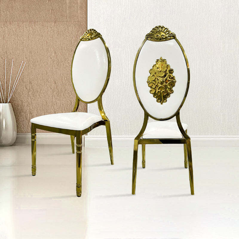 European Waxed Leather Steel Carved Dining Chair — Silver