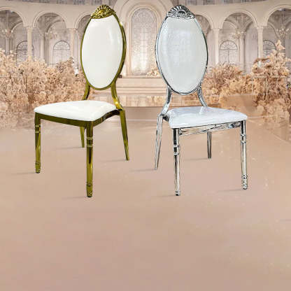 European Waxed Leather Steel Carved Dining Chair — Gold