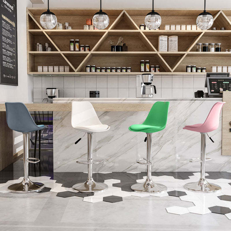 Minimalist Metal Plastic Leather Swivel Liftable Bar Stool — With Footrest / Pink