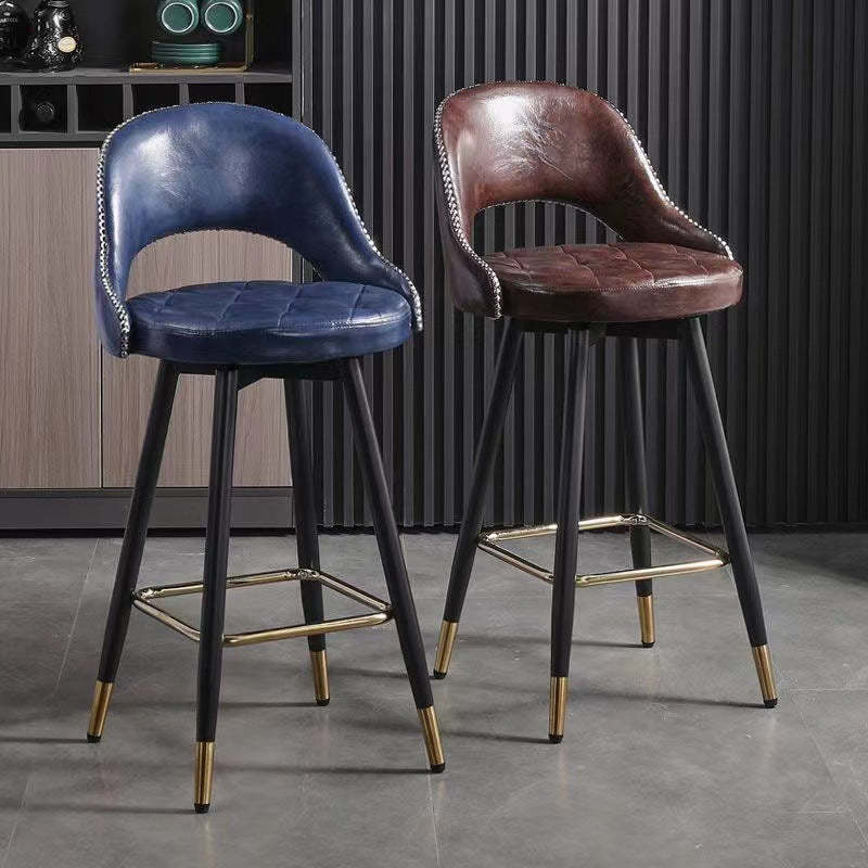 Retro Leather Iron Swivel Bar Stool — Non-Liftable + Non-Swivel / Black