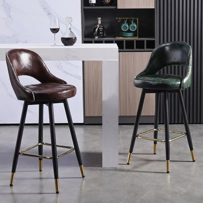 Retro Leather Iron Swivel Bar Stool — Non-Liftable + Non-Swivel / Brown