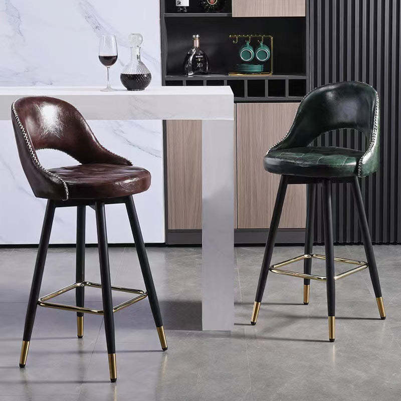 Retro Leather Iron Swivel Bar Stool — Non-Liftable + Non-Swivel / Brown