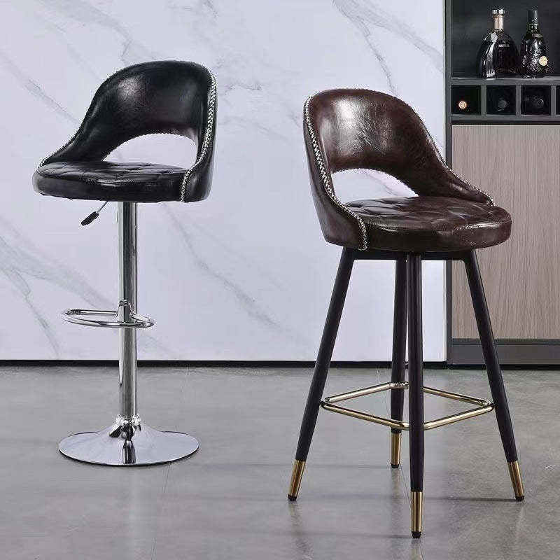 Retro Leather Iron Swivel Bar Stool — Non-Liftable + Non-Swivel / Green
