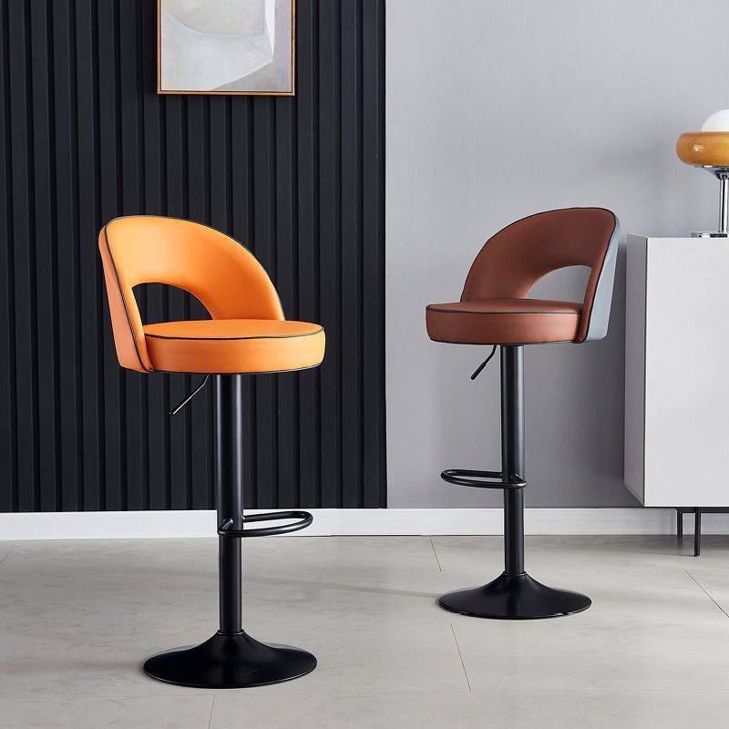 Modern Leather Metal Liftable Swivel Bar Stool — Orange / Black