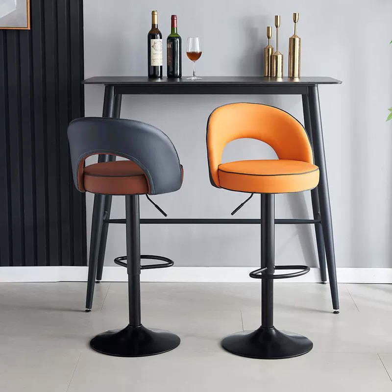Modern Leather Metal Liftable Swivel Bar Stool — Orange / Chrome