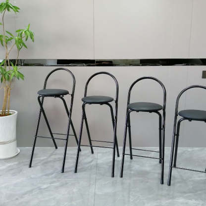 Minimalist Steel Engineered Wood Leather Foldable Bar Stool — Black - Leather