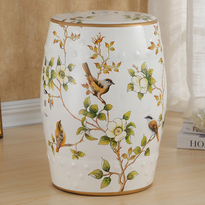 European Ceramic Hand-Painted Bird Flower Drum Footstool