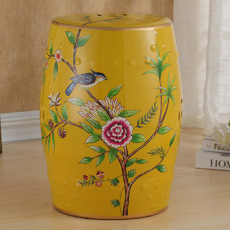 European Ceramic Hand-Painted Bird Flower Drum Footstool — Magpie - Gray