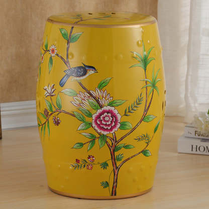 European Ceramic Hand-Painted Bird Flower Drum Footstool — Magpie - Gray