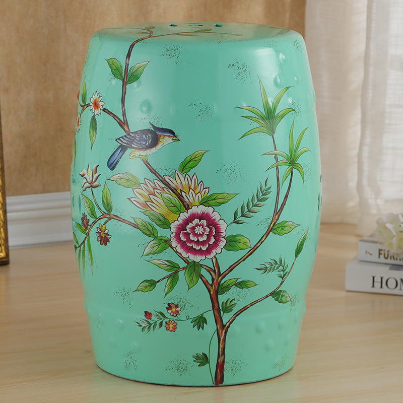 European Ceramic Hand-Painted Bird Flower Drum Footstool — Magpie - Red