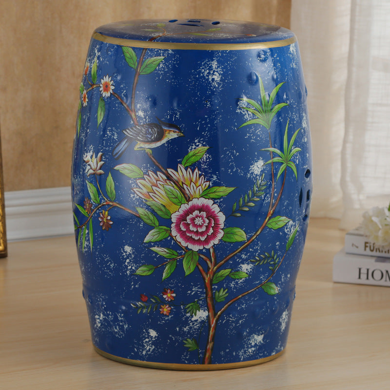European Ceramic Hand-Painted Bird Flower Drum Footstool — Magpie - Green