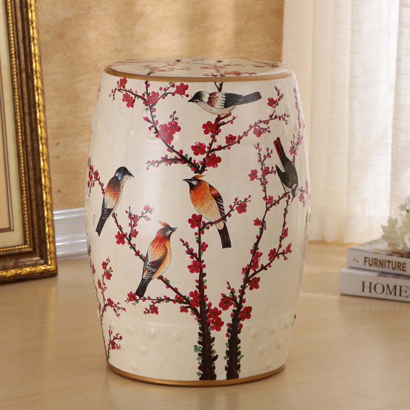 European Ceramic Hand-Painted Bird Flower Drum Footstool — Plum Blossom - White