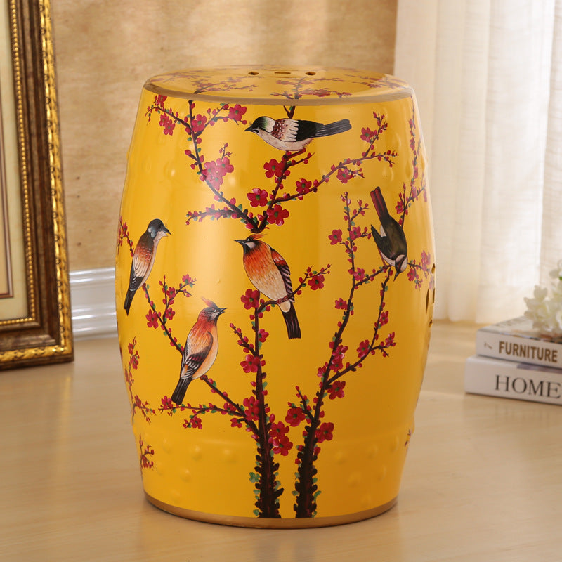 European Ceramic Hand-Painted Bird Flower Drum Footstool — Plum Blossom - Green