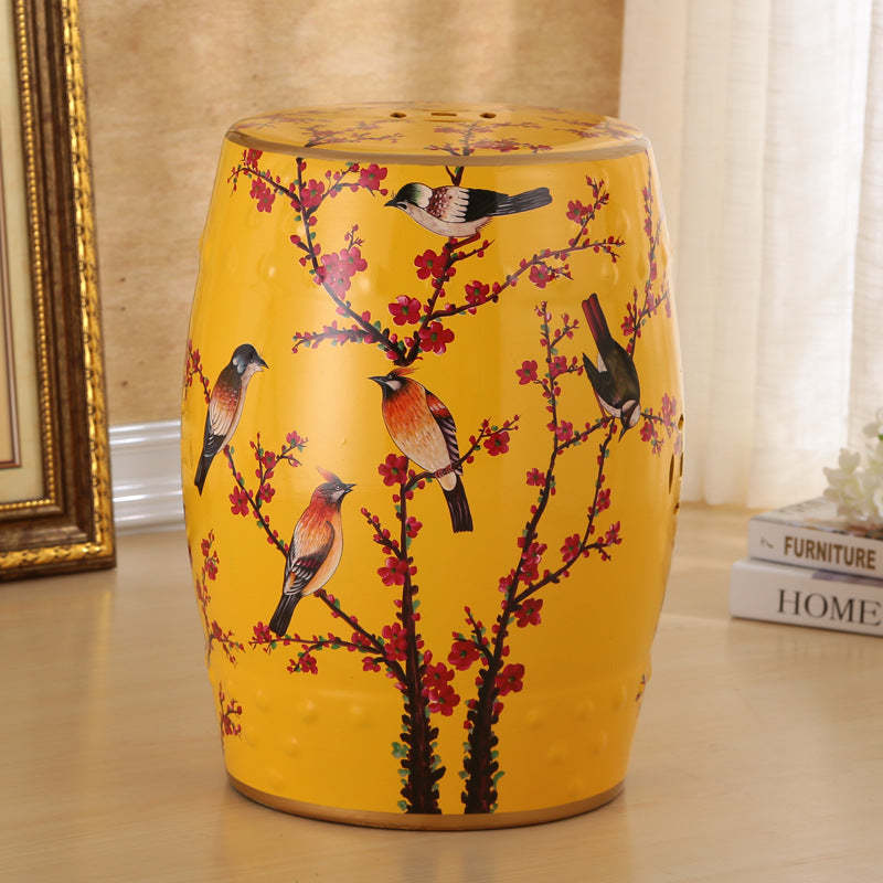 European Ceramic Hand-Painted Bird Flower Drum Footstool — Plum Blossom - Green
