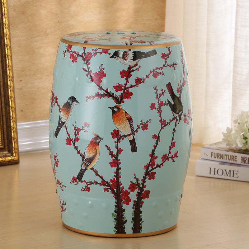European Ceramic Hand-Painted Bird Flower Drum Footstool — Plum Blossom - Yellow