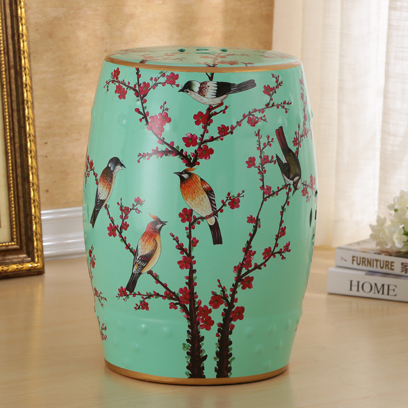 European Ceramic Hand-Painted Bird Flower Drum Footstool — Plum Blossom - Gray