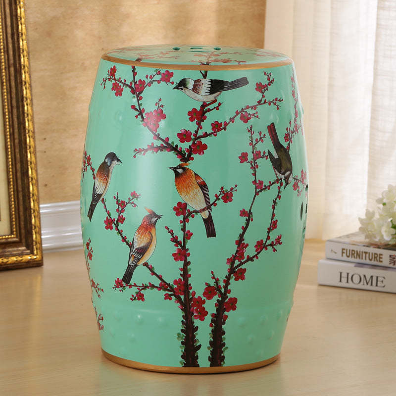 European Ceramic Hand-Painted Bird Flower Drum Footstool — Plum Blossom - Gray